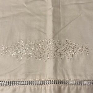 Valance, white embroidery details. 84” x 18”
